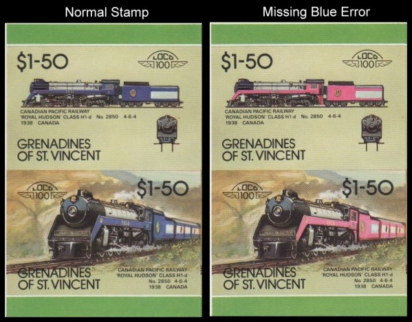 1987 Saint Vincent Grenadines Leaders of the World, Locomotives (8th series) Scott 338 Missing Blue Error Stamp 1987 Saint Vincent Grenadines Leaders of the World, Locomotives (8th series) Scott 338 Missing Blue Error Stamp