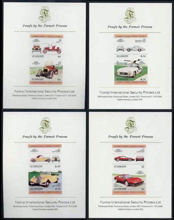 1983 Saint Vincent Leaders of the World, Automobiles (1st series) Imperforate Proof Presentation Cards 1983 Saint Vincent Leaders of the World, Automobiles (1st series) Imperforate Proof Presentation Cards