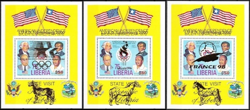 Liberia 1976 American Bicentennial Souvenir Sheets with Unauthorized Overprints Liberia 1976 American Bicentennial Souvenir Sheets with Unauthorized Overprints