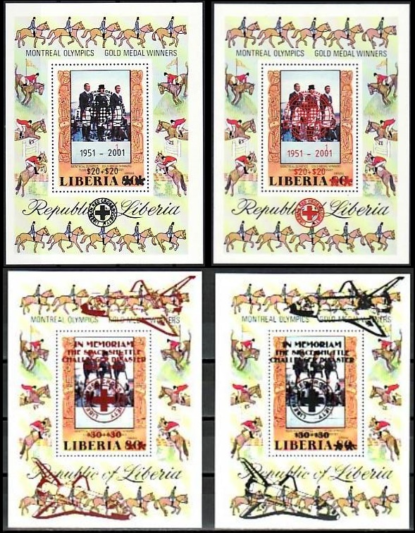 Liberia 1977 Olympic Games Equestrian Gold Medal Winners Souvenir Sheets with Unauthorized Overprints Liberia 1977 Olympic Games Equestrian Gold Medal Winners Souvenir Sheets with Unauthorized Overprints