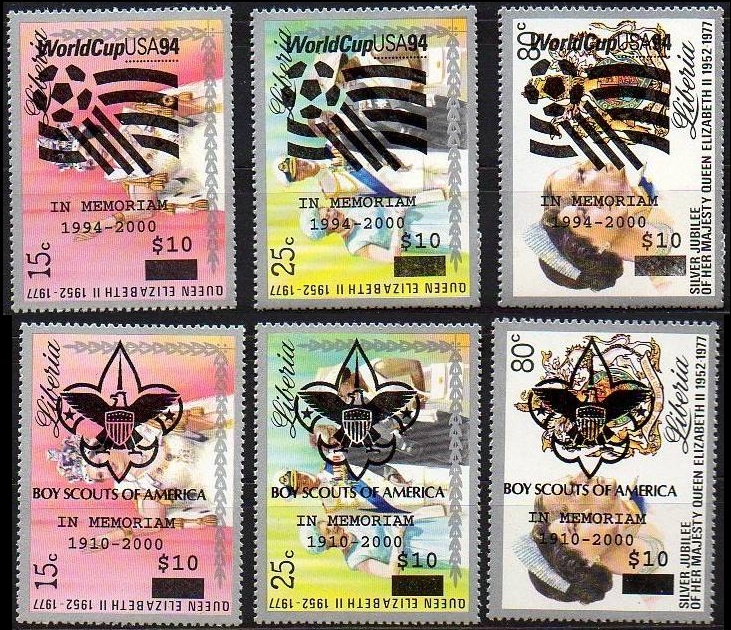 Liberia 1977 25th Anniversary of the Reign of Queen Elizabeth II Stamps with Unauthorized Overprints Liberia 1977 25th Anniversary of the Reign of Queen Elizabeth II Stamps with Unauthorized Overprints