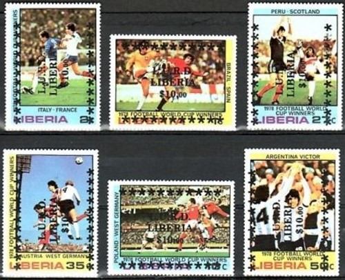 Liberia 1978 11th World Cup Soccer Championship Winners Stamps with Unauthorized Overprints Liberia 1978 11th World Cup Soccer Championship Winners Stamps with Unauthorized Overprints