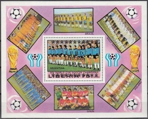 Liberia 1978 11th World Cup Soccer Championship Winners Souvenir Sheet with Unauthorized Overprint Liberia 1978 11th World Cup Soccer Championship Winners Souvenir Sheet with Unauthorized Overprint