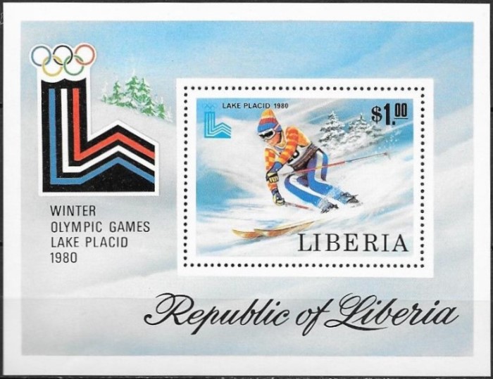 Liberia 1980 13th Winter Olympic Games, Lake Placid Souvenir Sheet Liberia 1980 13th Winter Olympic Games, Lake Placid Souvenir Sheet