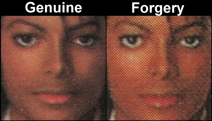 Saint Vincent 1985 Michael Jackson Forgery with Genuine Screen and Color Comparison of Left 60c Stamp