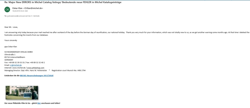 Michel Catalog Editors email response to noting the Format Invert forgeries in the Catalogs
