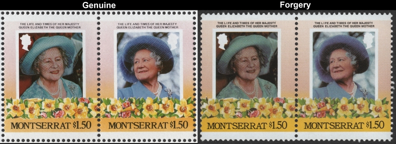 Montserrat 1985 Leaders of the World Queen Elizabeth 85th Birthday $1.50 Forgery Stamp Pair with Genuine Stamp Pair Comparison Montserrat 1985 Leaders of the World Queen Elizabeth 85th Birthday $1.50 Forgery Stamp Pair with Genuine Stamp Pair Comparison