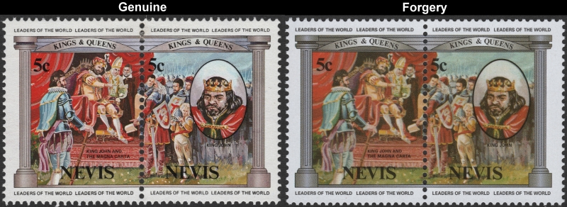 Nevis 1984 British Monarchs 5c King John and the Magna Carta Forgery with Genuine 5c Stamp Comparison Nevis 1984 British Monarchs 5c King John and the Magna Carta Forgery with Genuine 5c Stamp Comparison