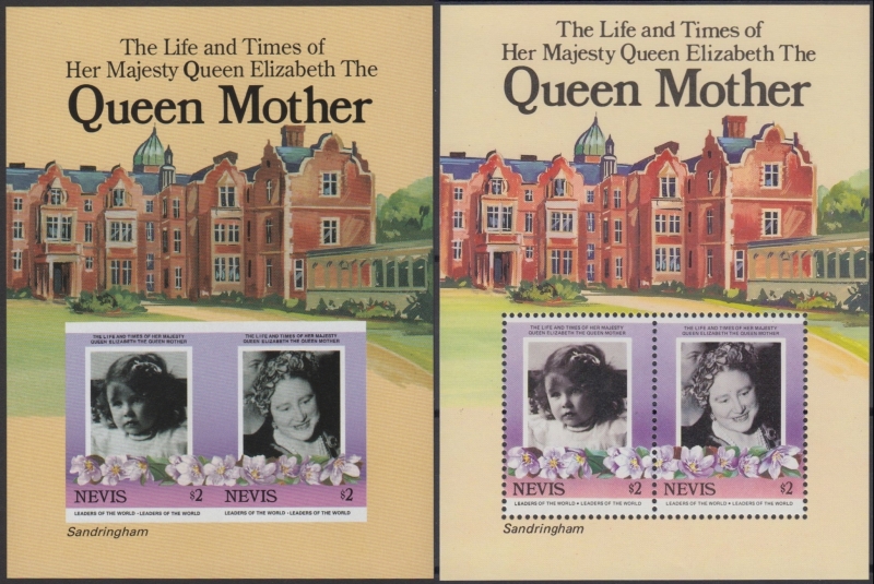 Nevis 1985 85th Birthday Fake with Original Souvenir Sheet Comparison Nevis 1985 85th Birthday Fake with Original Souvenir Sheet Comparison