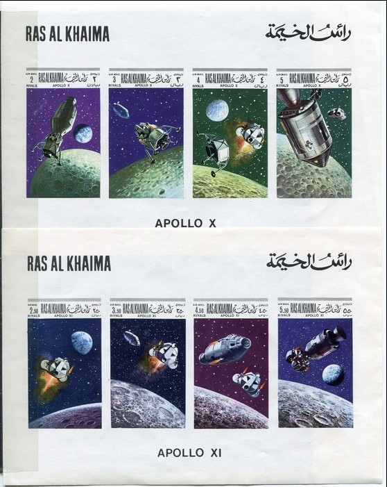 Ras al Khaima 1969 Apollo Flights (Apollo X and XI 1st issue) Deluxe Sheetlets Ras al Khaima 1969 Apollo Flights (Apollo X and XI 1st issue) Deluxe Sheetlets