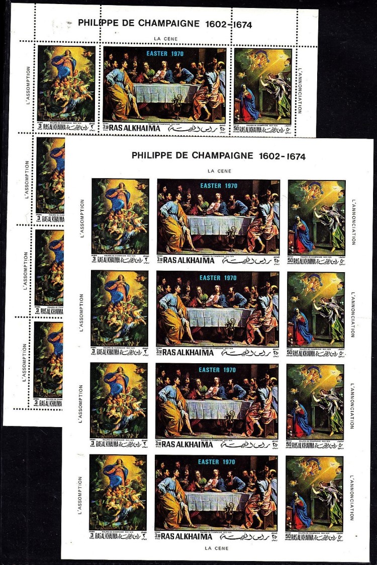 Ras al Khaima 1970 Easter Panes of 4 Strips Perf and Imperf