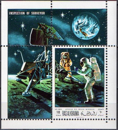 Ras al Khaima 1970 Exploration of Space Inspecting Surveyor (Apollo XII) Souvenir Sheet Ras al Khaima 1970 Exploration of Space Inspecting Surveyor (Apollo XII) Souvenir Sheet