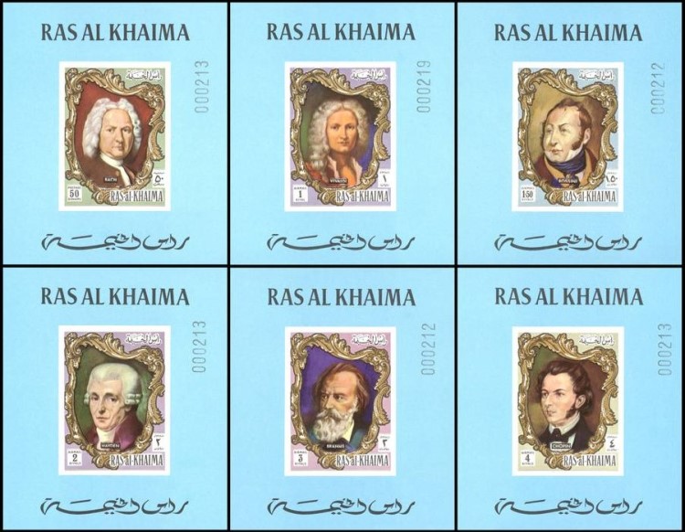 Ras al Khaima 1971 Durer Paintings Deluxe Sheetlet Set with Blue Background Numbered