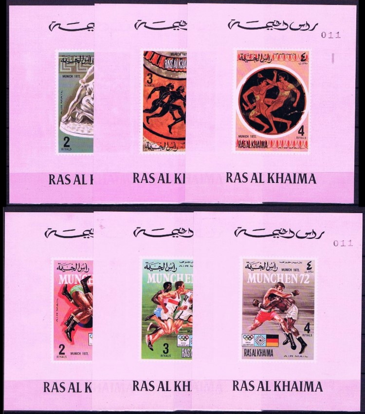 Ras al Khaima 1972 Olympic Games Old & New Sports (1st issue) Deluxe Sheetlet Set with Pink Background and Numbered Ras al Khaima 1972 Olympic Games Old & New Sports (1st issue) Deluxe Sheetlet Set with Pink Background and Numbered