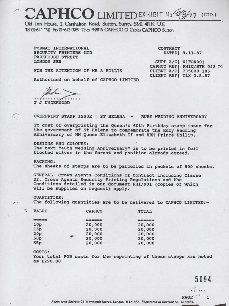 Saint Helena 1987 40th Wedding Anniversary of Queen Elizabeth Reprint Contract