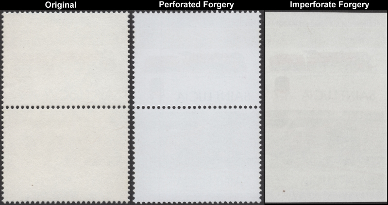 Saint Lucia 1983 Locomotives Forgery and Original Gum Comparison of Full Stamps