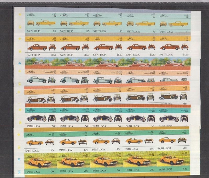 Saint Lucia Leaders of the World Automobiles 4th Series Imperforate Forgery Lot Sold on Ebay