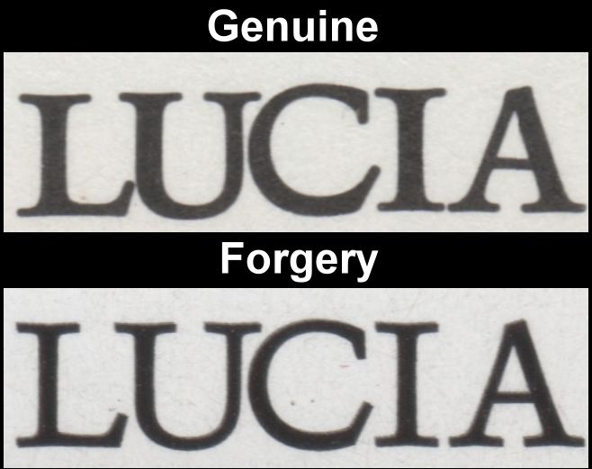 Saint Lucia 1986 Royal Wedding Fake with Original Comparison of the Fonts