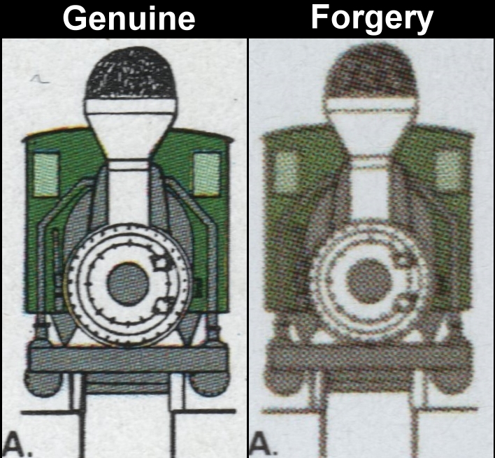 Saint Lucia 1986 Trains Locomotives 5c Fake with Original Comparison of the Front View of the Engine on the Detail Drawing