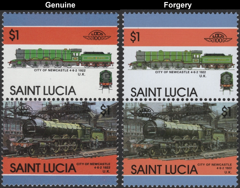 Saint Lucia 1986 Locomotives 1922 City of Newcastle Forgery with Original $1 Stamp Comparison