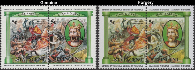 Saint Vincent 1984 British Monarchs 5c King Edward II and the Battle of Bannockburn Fake with Original 5c Stamp Comparison Saint Vincent 1984 British Monarchs 5c King Edward II and the Battle of Bannockburn Fake with Original 5c Stamp Comparison