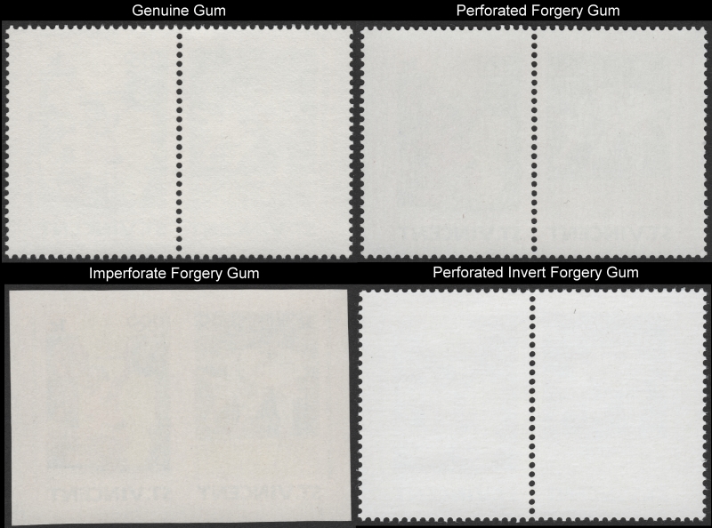 Saint Vincent 1984 Olympic Games Forgery and Original Gum Comparison of Full Stamp Pairs