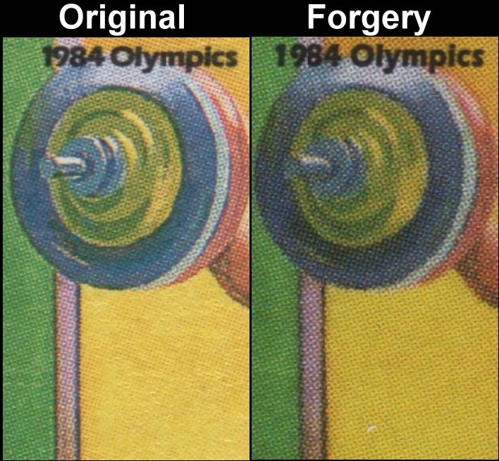 Saint Vincent 1984 Olympic Games 1c Fake with Original Screen and Color Comparison of the Weight Lifters Weights