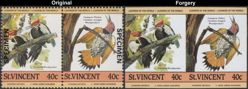 Saint Vincent 1985 Audubon Birds Forgeries with Original 40c Stamp Comparison