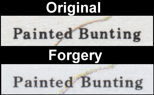Saint Vincent 1985 Audubon Birds Fake with Original Font Comparison
