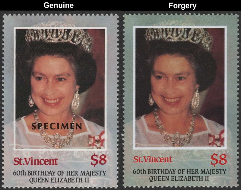 Saint Vincent 1986 60th Birthday of Queen Elizabeth II $8 Forgery with Genuine $8 Stamp Comparison Saint Vincent 1986 60th Birthday of Queen Elizabeth II $8 Forgery with Genuine $8 Stamp Comparison