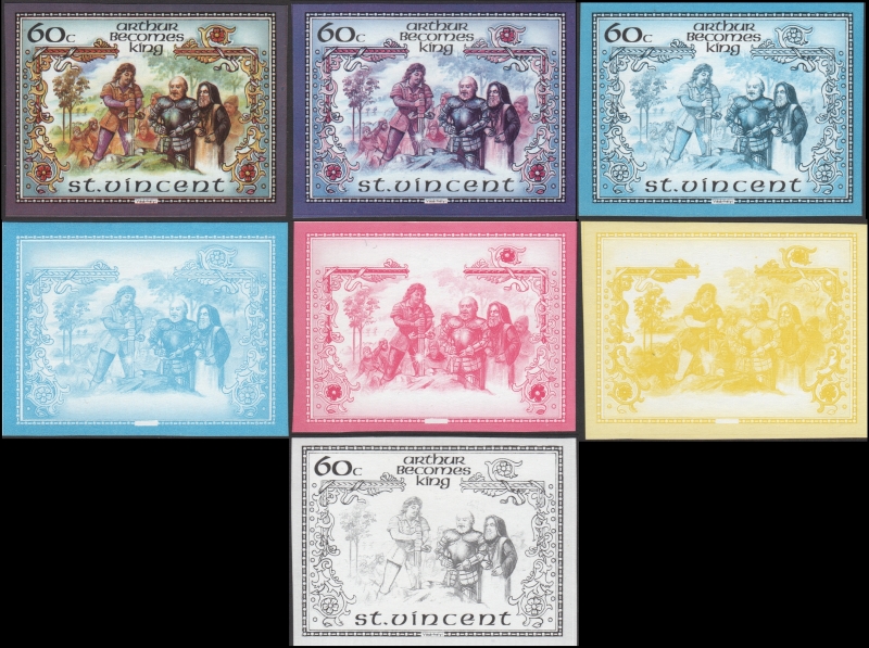 Saint Vincent 1986 Legend of King Arthur Unauthorized Reprint Progressive Color Proofs