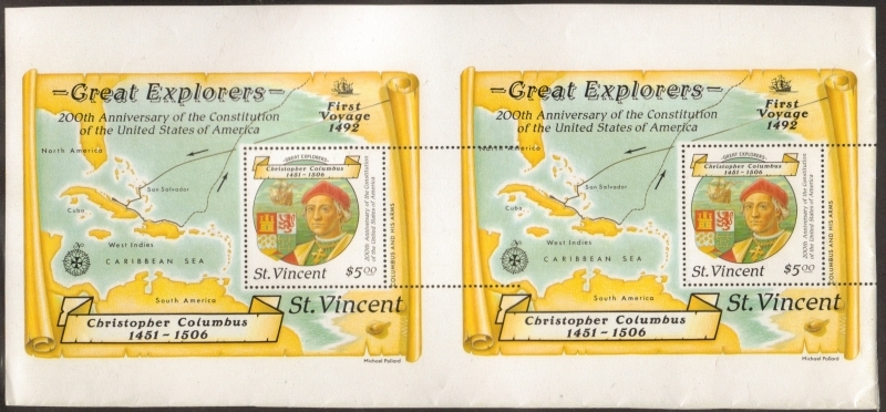 1988 Discovery of America Souvenir Sheet Horizontal Proof Pair with Odd Perforations on the Right