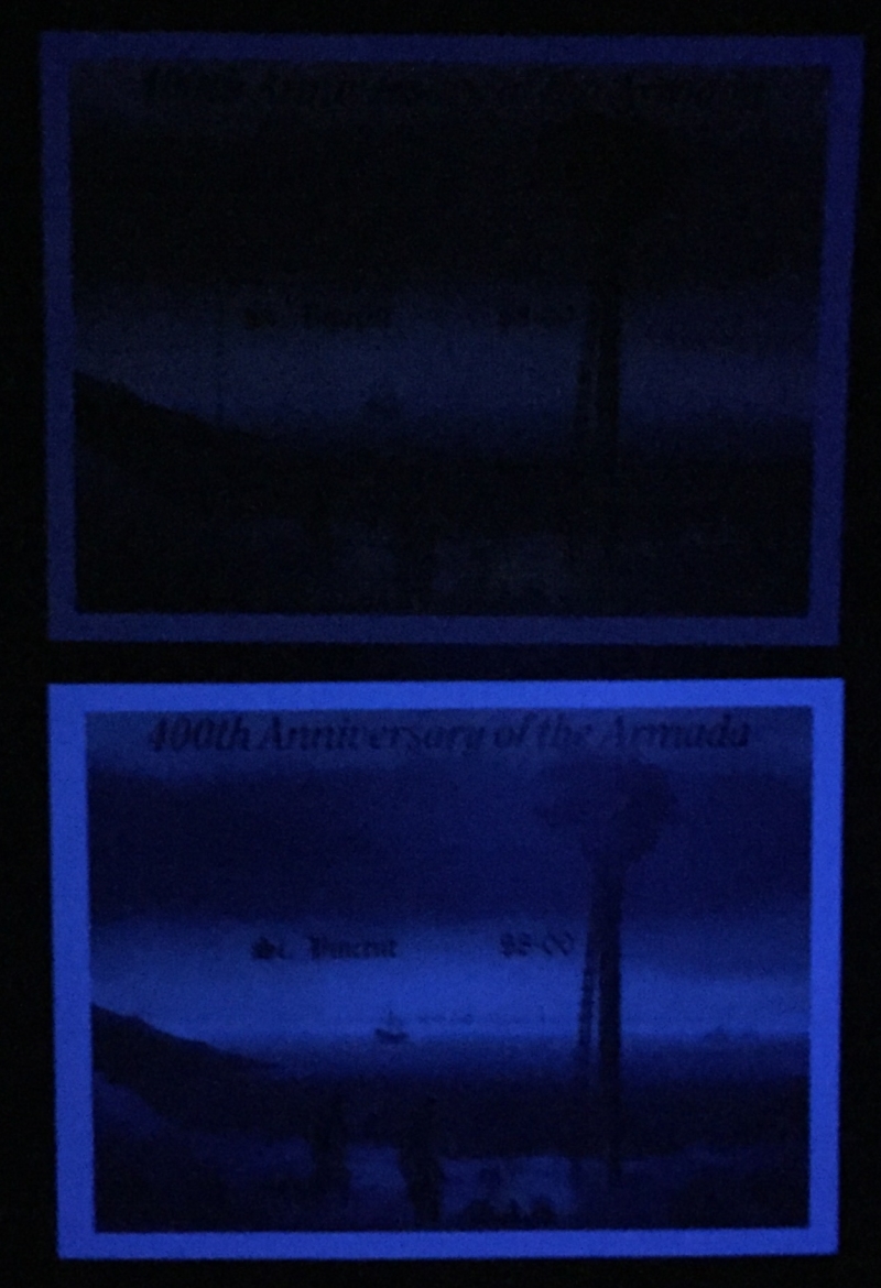 Saint Vincent 1988 Spanish Armada Comparison of the Imperforate Souvenir Sheet Forgery with a Genuine Souvenir Sheet Under Ultra-violet Light Saint Vincent 1988 Spanish Armada Comparison of the Imperforate Souvenir Sheet Forgery with a Genuine Souvenir Sheet Under Ultra-violet Light