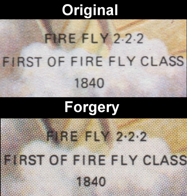 Bequia 1986 Railroad Engineers and Locomotives Fake with Original Font and Color Comparison