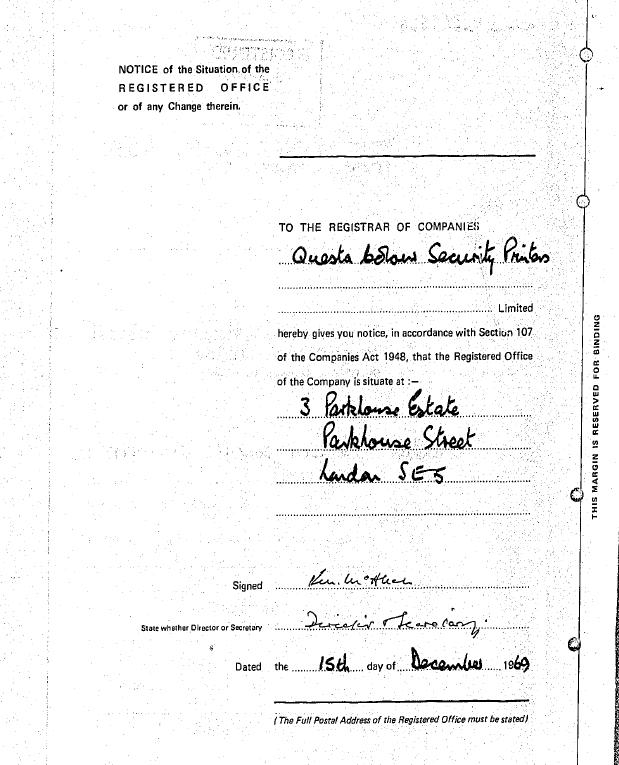 The Original 1969 House of Questa Change of Registered Office Document The Original 1969 House of Questa Change of Registered Office Document