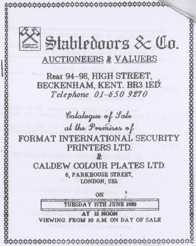 View of Front Page of Auctioneer Catalog of Sale of the Printing Presses owned by the Format International Security Printers View of Front Page of Auctioneer Catalog of Sale of the Printing Presses owned by the Format International Security Printers