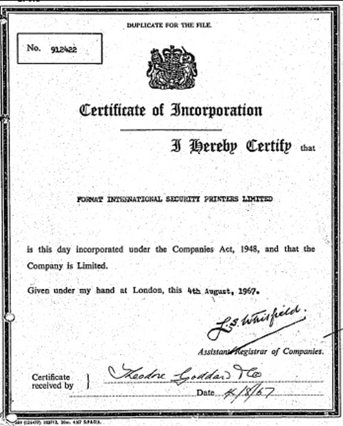 View of the Format International Security Printers Incorporation Document View of the Format International Security Printers Incorporation Document