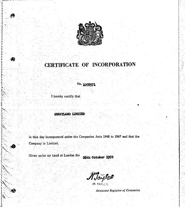 Image of Grantland Limited Incorporation Document Image of Grantland Limited Incorporation Document