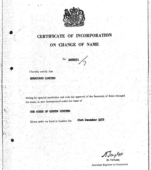 Image of The House of Questa Name Change Incorporation Document Image of The House of Questa Name Change Incorporation Document