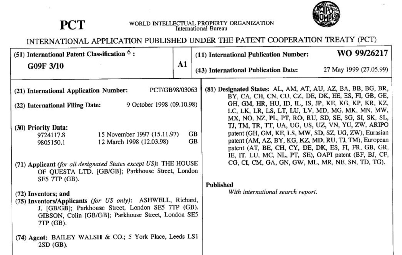 View of patent application in 1998 showing The House of Questa Ltd location View of patent application in 1998 showing The House of Questa Ltd location
