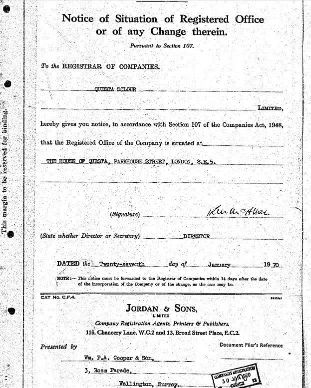 Image of Questa Colour Limited Registered Office Move Document Image of Questa Colour Limited Registered Office Move Document
