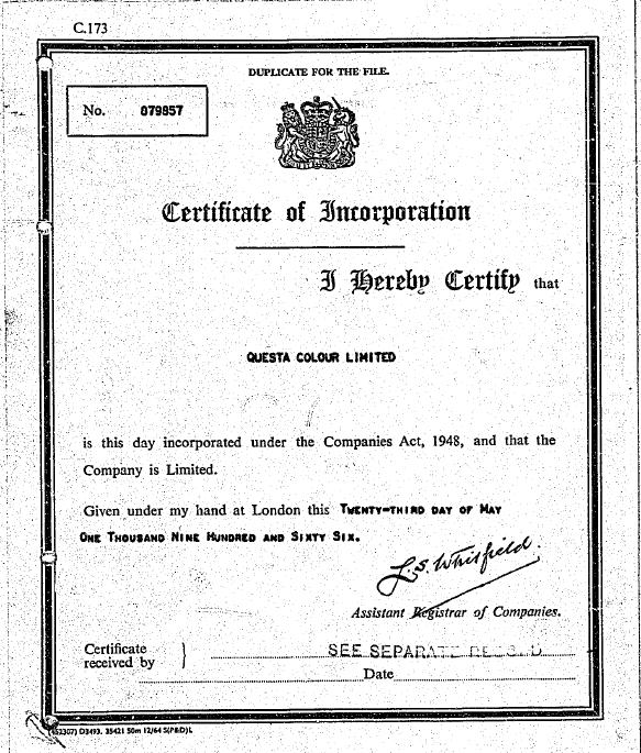 Image of Questa Colour Limited Incorporation Document Image of Questa Colour Limited Incorporation Document