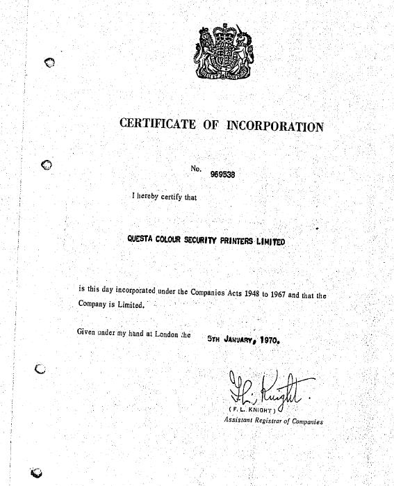 Image of Questa Colour Security Printers Limited Incorporation Document Image of Questa Colour Security Printers Limited Incorporation Document