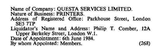 View of liquidation notice in the London Gazette June 27, 1984 showing Questa Services Ltd location View of liquidation notice in the London Gazette June 27, 1984 showing Questa Services Ltd location