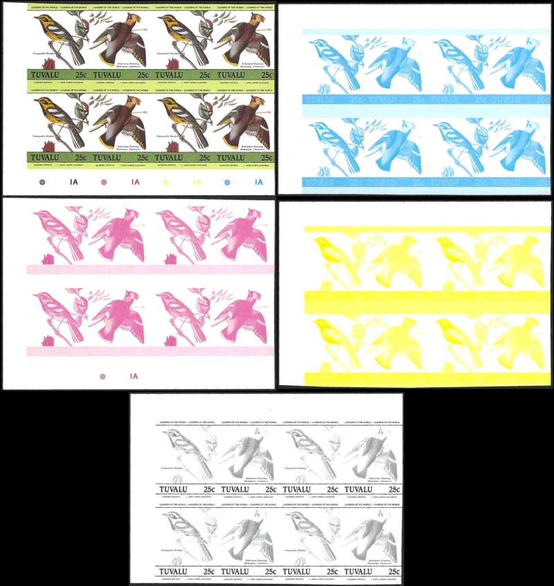 The Tuvalu 1985 Audubon Birds 25c Forged Color Proof Set