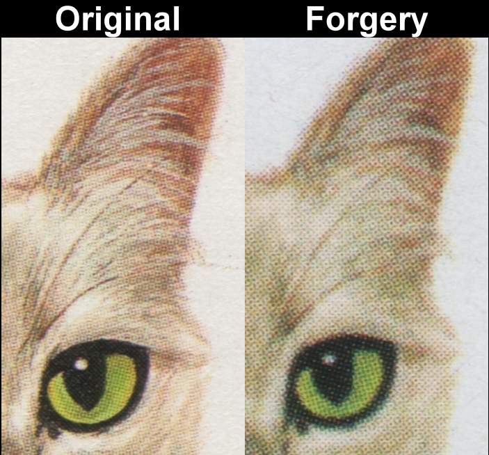 Tuvalu Nanumea 1985 Cats 5c American Short-hair Cat Fake with Original Screen and Color Comparison