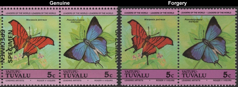 Tuvalu Vaitupu 1985 Butterflies 5c Forgeries with Genuine 5c Stamp Comparison Tuvalu Vaitupu 1985 Butterflies 5c Forgeries with Genuine 5c Stamp Comparison