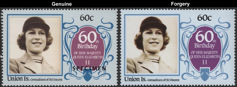 1986 60th Birthday of Queen Elizabeth Fake invert with Original $1 Stamp Comparison