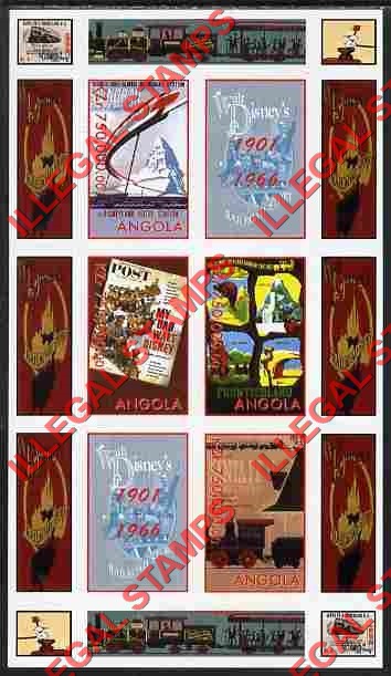 Angola 1998 Disney Locomotives Trains Souvenir Sheet of 4 Plus 2 Labels