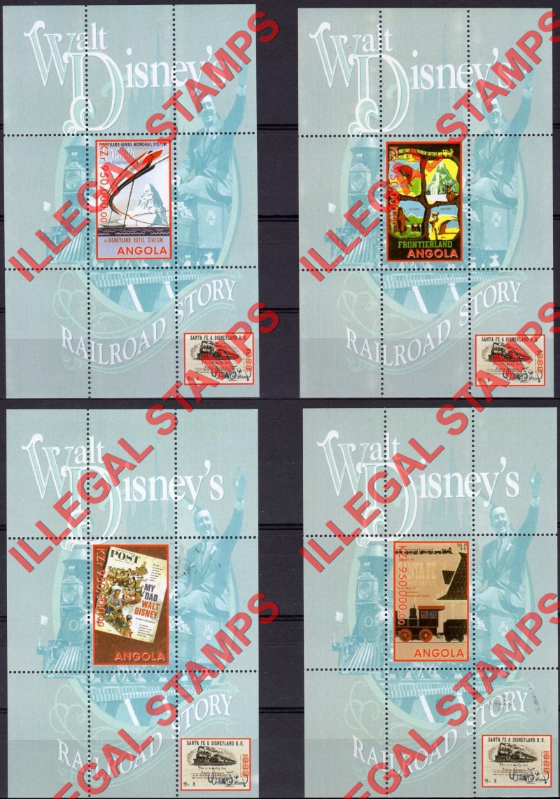 Angola 1998 Disney Locomotives Trains Railroad Story Souvenir Sheets of 1